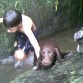 en una cascada dandonos un chapuzon es lulu(labradora chocolate) y mawie y mi hijo Daniel